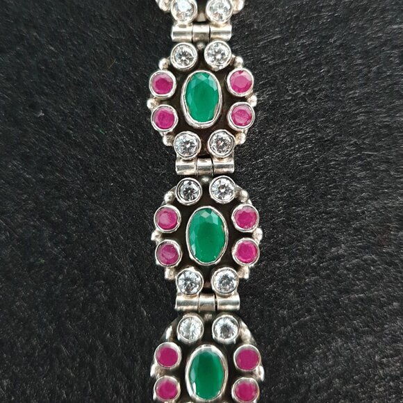 Vintage Mughal Revival 925 Silver Genuine Ruby & Green Crystal Floral Bracelet - Picture 7 of 13